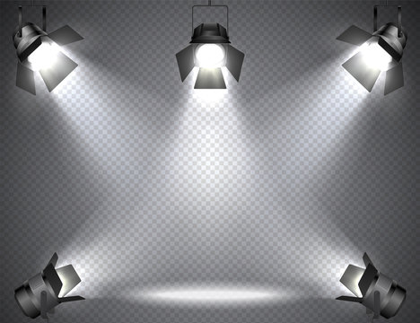 Spotlights with bright lights on transparent background.