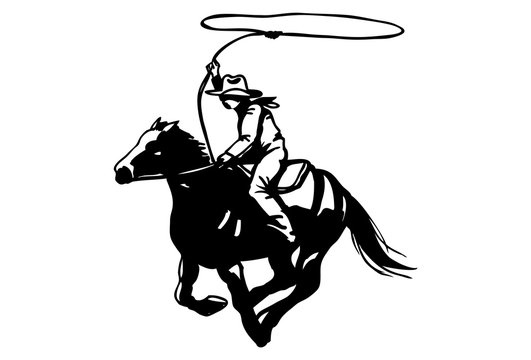 Cowboy with lasso on horse silhouette, vector