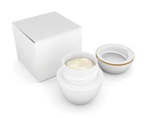 Open jar of cream next to the box. 3d.