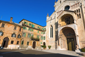 Fototapeta na wymiar Verona Cathedral - Veneto Italy / Facade of the Cathedral of Verona in Romanesque style (1187 - UNESCO world heritage site) - Santa Maria Matricolare - Veneto Italy