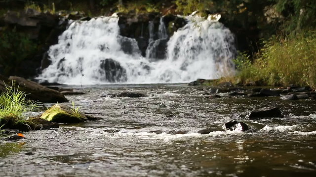 Powerhouse Falls, a waterfall near L/Anse Michigan features twin cascades as viewed downstream.