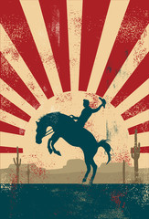 Grunge background, cowboy riding wild horse, vector - obrazy, fototapety, plakaty