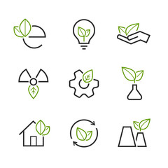 Ecology simple vector icon set - green leaves, palm, bulb, wheel, house, plant, sprout, and 

others symbols