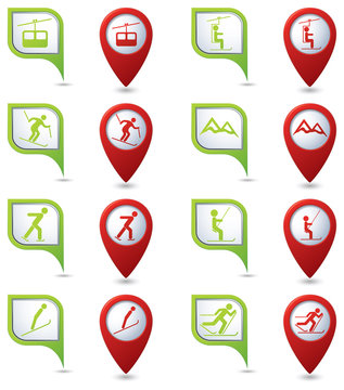 Winter sport icons set on green and red map pointers.
