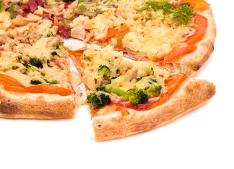 Pizza with cheese and ham isolated on white