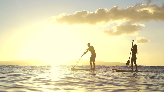 Slow Motion Silhouette Happy Couple Stand Up Paddling Boarding In Ocean 