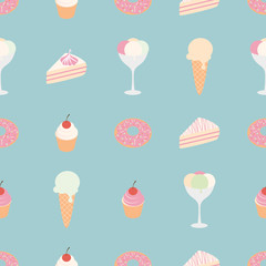 Vector seamless pattern with sweets: ice cream, cake, pie and donut on background. Set of dessert.