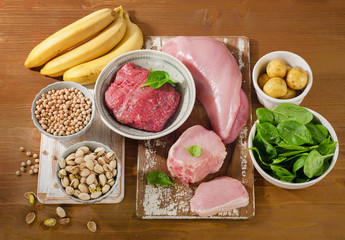 Foods Highest in Vitamin B6 on a wooden board.