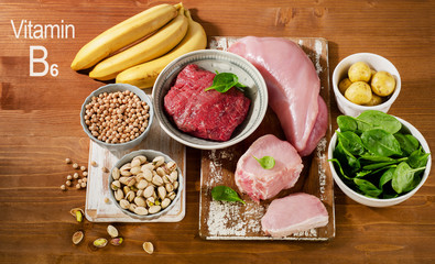 Foods Highest in Vitamin B6 on wooden table.