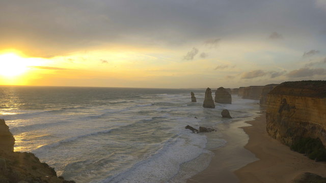 4k panning shot of Twelve Apostles in Australia at sunset