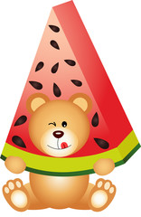 Teddy bear eating watermelon
