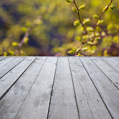 Wooden perspective floor with planks on blurred natural summer b