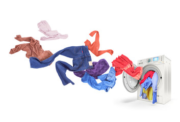 Colored laundry flying from washing machine, isolated on white b - obrazy, fototapety, plakaty