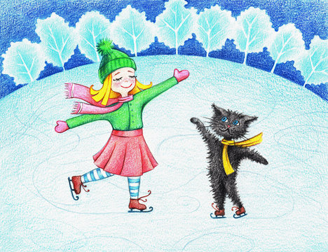 hand drawn illustration of girl and cat skating by coloring pencils