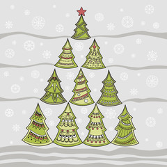 Vector illustration of Christmas fir-tree and snowflakes