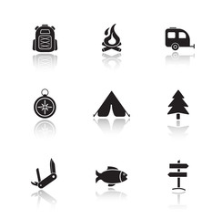 Campground equipment drop shadow icons set.