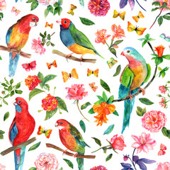 Seamless background with watercolor drawings of birds, roses and butterflies