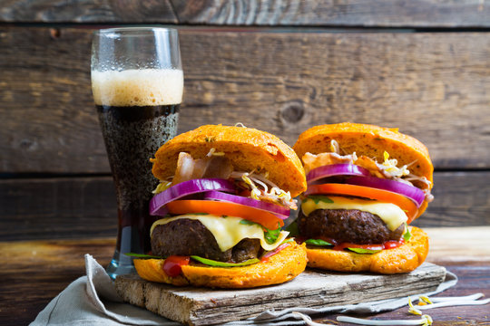 Big Homemade Burger And Dark Beer