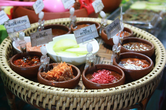 The image "Thai cuisine, Sliced mango with shrimp paste sweet chilli sauce