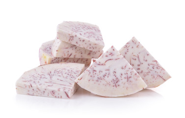 slice taro root on white background