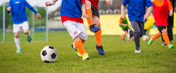 Children playing soccer football match. Sport soccer horizontal background