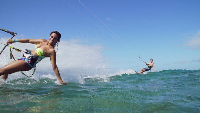 Couple Kite Surfing In Ocean, Extreme Summer Sport 