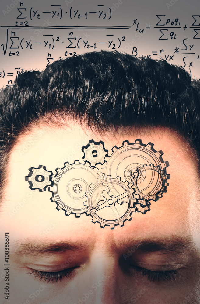 Poster brainstorm concept with a man's head, gears and a solution