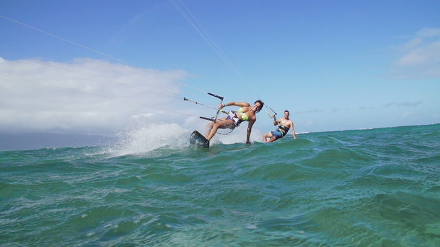 Couple Kite Surfing In Ocean, Extreme Summer Sport 