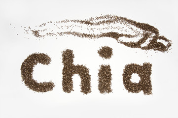 Chia word made from chia seeds on white background. Healthy Chia