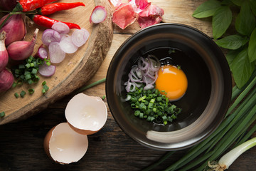 Raw egg in a black bowl