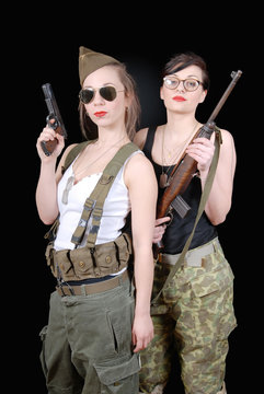 Two Sexy Women Posing In WW2 Military Uniform And Weapons