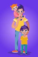 Handsome Father carries baby girl on shoulders and stands with the son. stylish editable character design