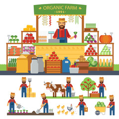 Farming infographic elements. Cultivation of organic products on the farm. Farmer produce shopkeeper. Fresh fruits and vegetables, retail business owner working in his store. Vector flat design