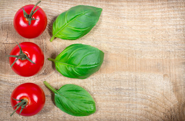 Fresh basil and tomato on wooden background.