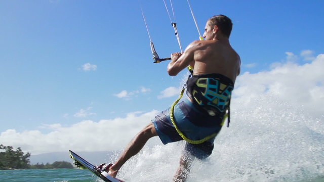 Young Man Kite Surfing In Ocean, Extreme Summer Sport 