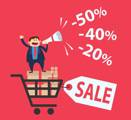 shopping sale.man business man seller with megaphone standing on shopping cart with gift boxes and purchases.big sale