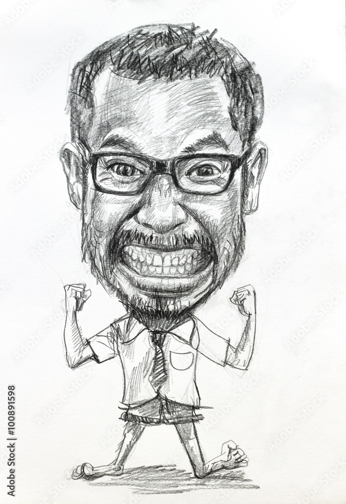 Wall mural caricature pencil drawing of angry man wearing eyeglasses on white paper - Wall murals