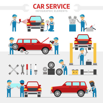 Car repair service falt vector illustration. Infographic elements