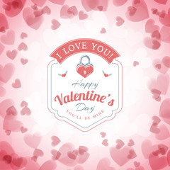 Happy Valentines Day Typographical Badge. Valentines Day Card. Vector Illustration. Design Template on Light Pink Background with Flying Hearts