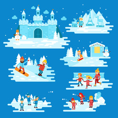 Infographic elements winter entertainments, people characters and landscapes, children playing snowballs, snowman, snowboarder, skiing, ice skating, castle. Winter fairytale vector flat illustration
