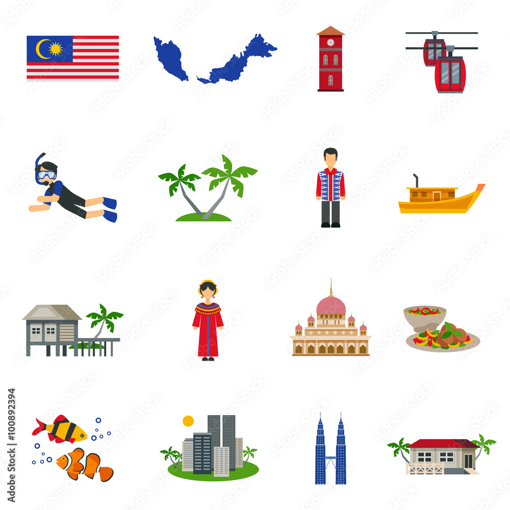 Sticker Malaysian Culture Symbols Flat Icons Set