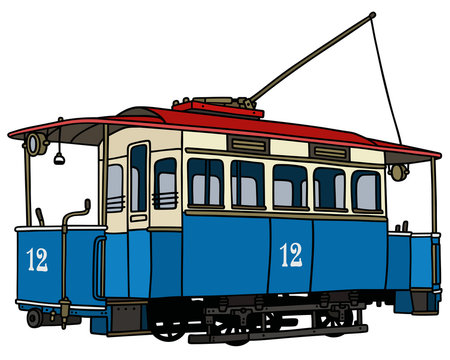 Classic blue tramway / Hand drawing, vector illustration