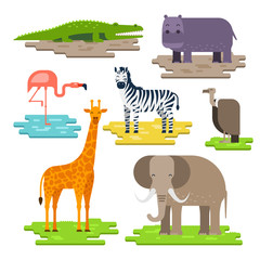Set of African animals on the pieces of land vector flat design. Giraffe, elephant, Nile crocodile, hippopotamus, zebra, flamingos, African white-backed vulture. Animals to infographic design.