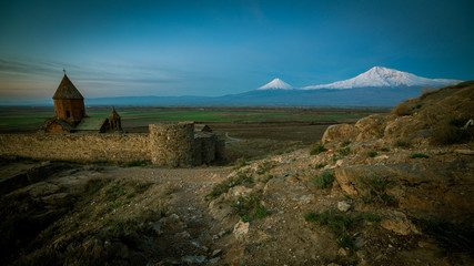 Khor virap monastery in front of Ararat mountain at sunrise, Autumn, Armenia