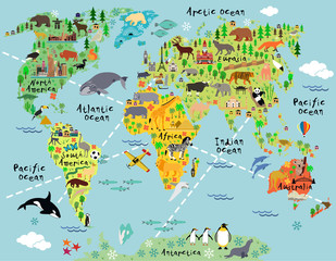 Naklejka premium Mapa świata kreskówki
