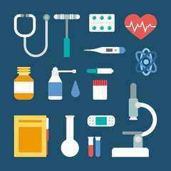 Set of Vector Flat Style Medical Icons and Objects. Stethoscope, Medical Supplies, Microscope, Thermometer, Pills, Patch, Spray, Heart