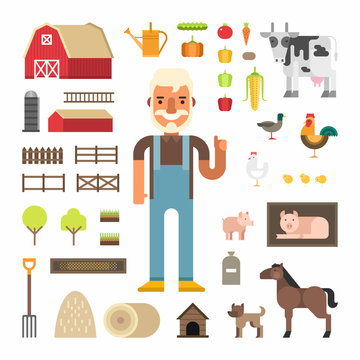 Set of Vector Icons and Illustrations in Flat Design Style. Profession Concept, Farmer. Male Cartoon Character Surrounded by Farms Elements and Farm Animals