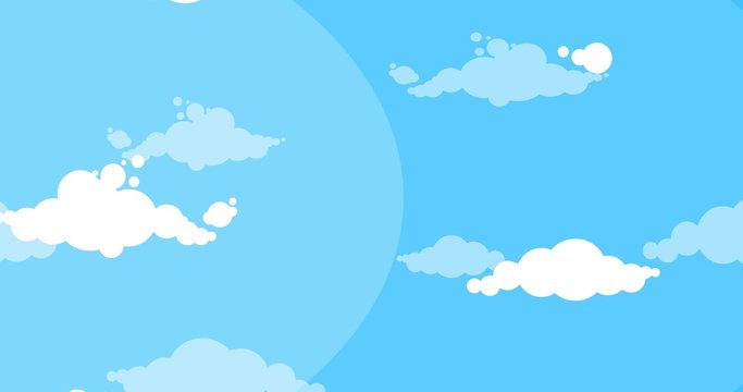 Cartoon white clouds moving side over blue sky