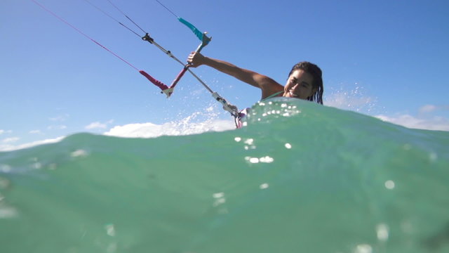 Slow Motion Woman Kite Surfing, Extreme Sport