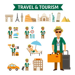 Travel and tourism infographic elements and world landmark icon set